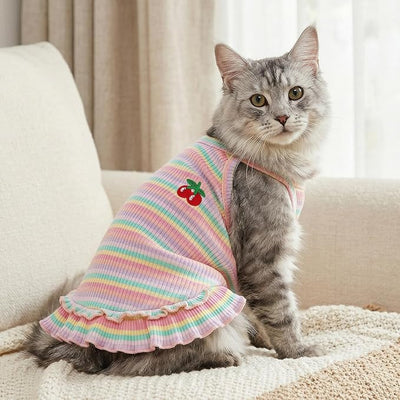 Jmkcoz Cute Striped Dog T Shirts Cherry Puppy Dress Soft Cotton Pet Sleeveless Vest Clothes Spring Summer Pet Outfits for Small Dogs Cats Girl (Pink, XX-Large)