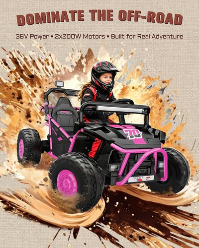 First Ride On 36V Kids Ride On UTV, 2-Seater 500W Electric Car for Kids 6+, 6–9 MPH Speed, 14" EVA Wheels, Metal Frame, Bluetooth Music, Rear Metal Suspension Off-Road Vehicle (Pink)