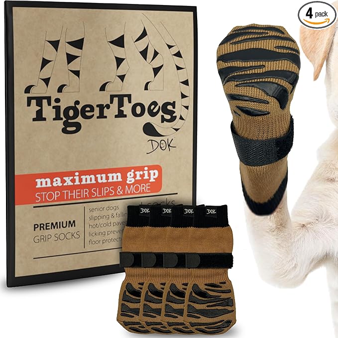 DOK TigerToes Premium Non-Slip Dog Socks for Hardwood Floors - Extra-Thick Grip that Works Even When Twisted - Prevents Licking, Slipping, and Great for Dog Paw Protection (Cool Caramel, X-Small)