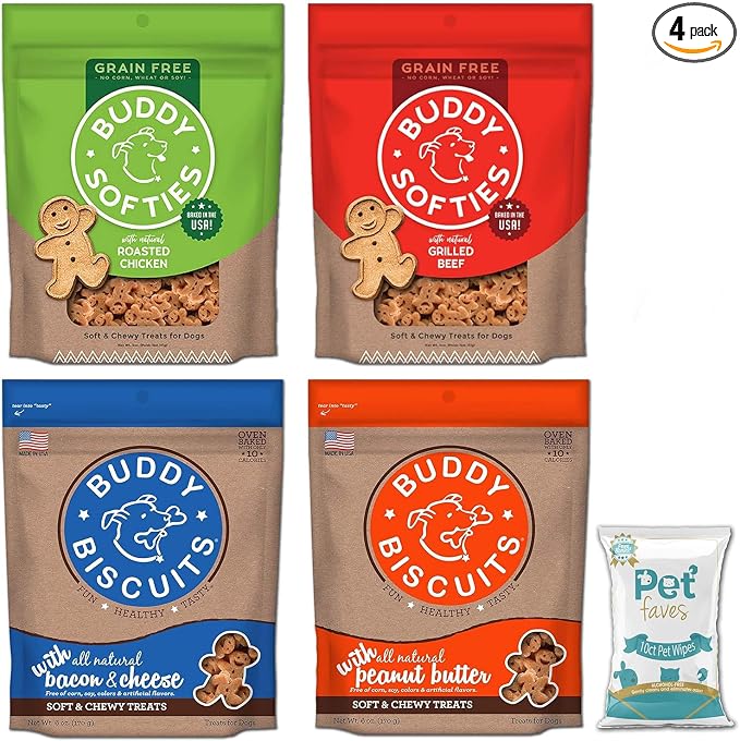 Pet Faves Buddy Biscuits Soft & Chewy Treats for Small & Large Dogs, Grilled Beef, Roasted Chicken, Bacon & Cheese Peanut Butter with 10ct Wipes (2 Grain Free 5oz, 2 Healthy Whole Grain 6oz)