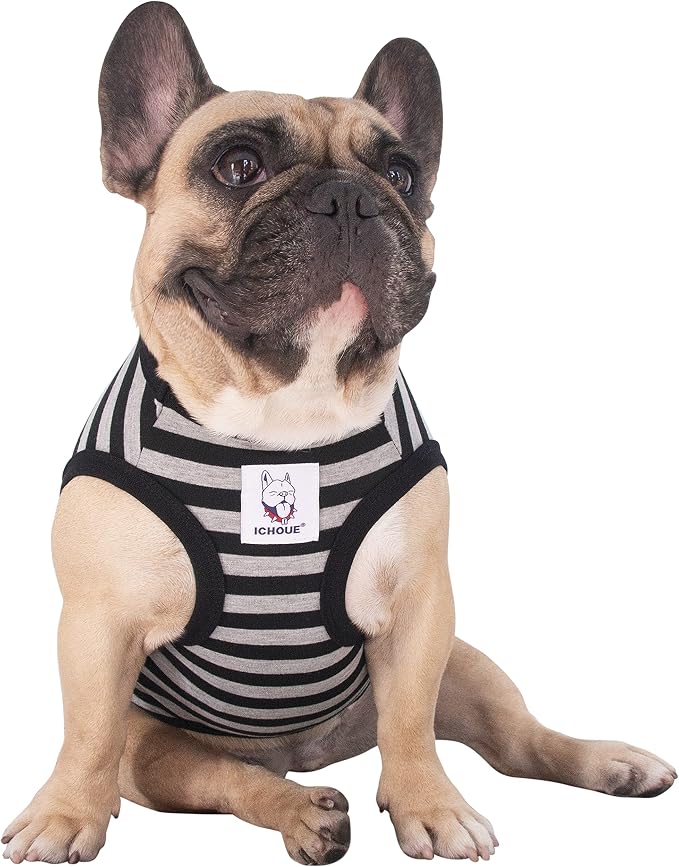 iChoue French Bulldog 100% Breathable Cotton Striped T Shirts Halloween Vest Clothes for Small Dogs Tank Tops Puppy Frenchie Pug English Boston Terrier Pitbull Grey Black Stripes - Medium