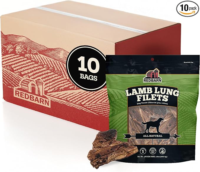 Redbarn Lamb Lung Filets - Oven Roasted Jerky-Style Dog Treats, Flavorful, Tasty & Highly Palatable Chews, Single Ingredient Protein – 10 oz, Case of 10 Bags