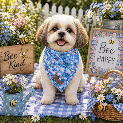 Floral Dog Bandana - Blue Wildflowers Dog Bandana for Medium Large Dogs, Cute Boy Girl Dogs Neck Scarf Pet Bib, Soft Triangle Scarf Daily Pet Accessory L