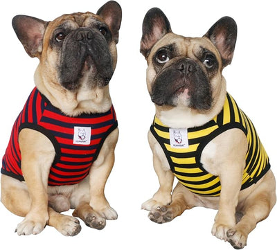 iChoue 2pcs French Bulldog Striped Shirts 100% Breathable Cotton Tank Tops Vests Clothes for Frenchie Dogs, Yellow and Red Stripes, Medium