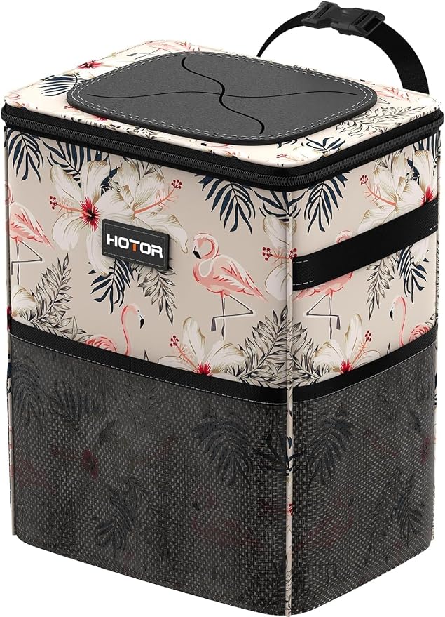HOTOR Car Trash Can with Lid and Storage Pockets - 100% Leak-Proof Organizer, Waterproof Garbage Can, Multipurpose Trash Bin for Car, 2 Gallons, Flamingo