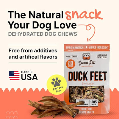 Gaines Pet Duck Feet for Dogs – 80 Count, Natural Chews with Glucosamine, Chondroitin & Collagen – Single Ingredient Dog Treats, Grain-Free, USA Made, Joint & Dental Health Support