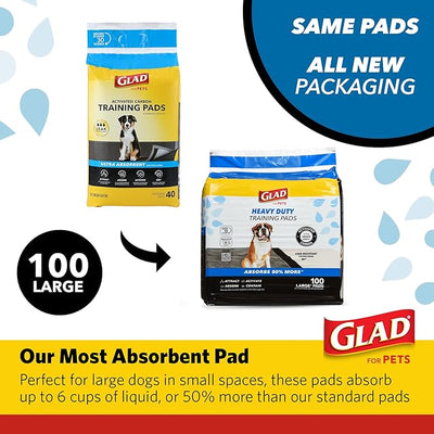Glad for Pets XL Charcoal Training Pads Heavy Duty Leak Resistant Puppy Pee Pads Activated Carbon Odor Control Quick Dry Quilted Top Indoor Potty and Crate Liner 24 x 24 in 100 Count 4 Pack