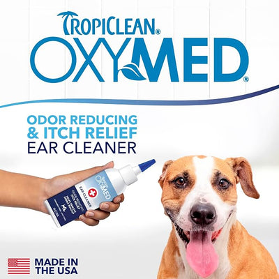 TropiClean OxyMed Preventative Dog Ear Cleaner, Vet Recommended Ear Cleaning Solution for Itch Relief, Daily Wash Drops, Safe for Cats, USA Made, 4oz.