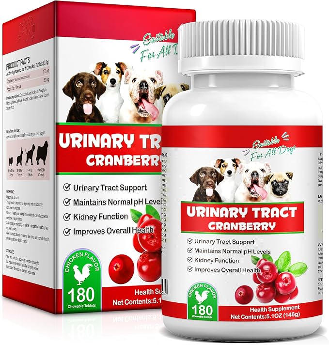 Cranberry for Dogs, 180P Cranberry Urinary Tablets for Dogs - Supports Bladder Infection, Urinary Tract, Bladder Stone & Dog UTI, Pet Supplement Treats for Dogs, Chicken Flavor - 180P Chewable Tablets