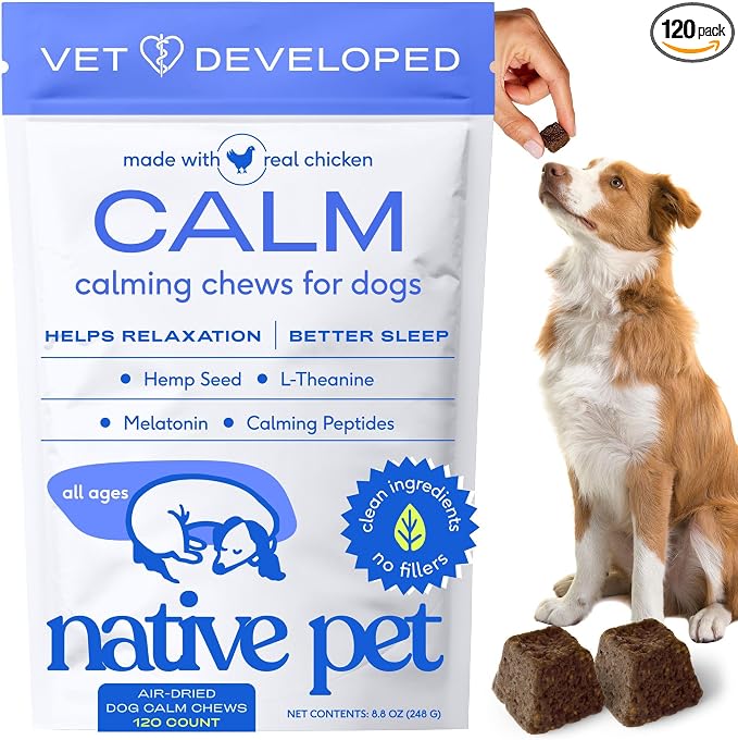 Native Pet Calming Chews for Dogs Medium Breed - 60 Calming Dog Treats - Hemp Seed, Melatonin, L-Theanine - Supports Calm Behavior - 120 Chews