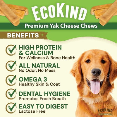 EcoKind Yak Cheese Himalayan Dog Chews, Yak Chews for Large Dogs, Long Lasting Bone for Aggressive Chewers, 4 Ingredients, Natural High Protein Dog Treats, No Additives, Water Buffalo, Large - 3 Chews