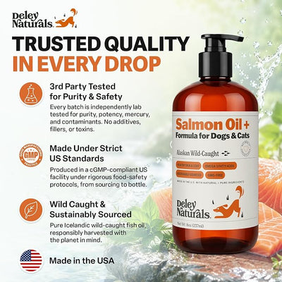 Deley Naturals Wild Alaskan Salmon Oil for Dogs & Cats - New and Improved Salmon Oil Plus Formula - Fish Oil for Dogs with Omega 3, DHA and EPA - Omega 3 for Healthy Skin and Coat - 8oz Made in USA