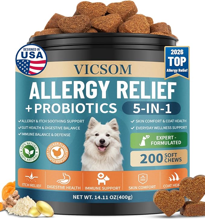 Dog Allergy Chews with Probiotics for Dogs, 200 Dog Allergy Relief Treats for Dogs Immune Support & Itching Skin Relief, Ears, Eyes, Paws Support, Dog Probiotics for Gut Health, Chicken Flavor