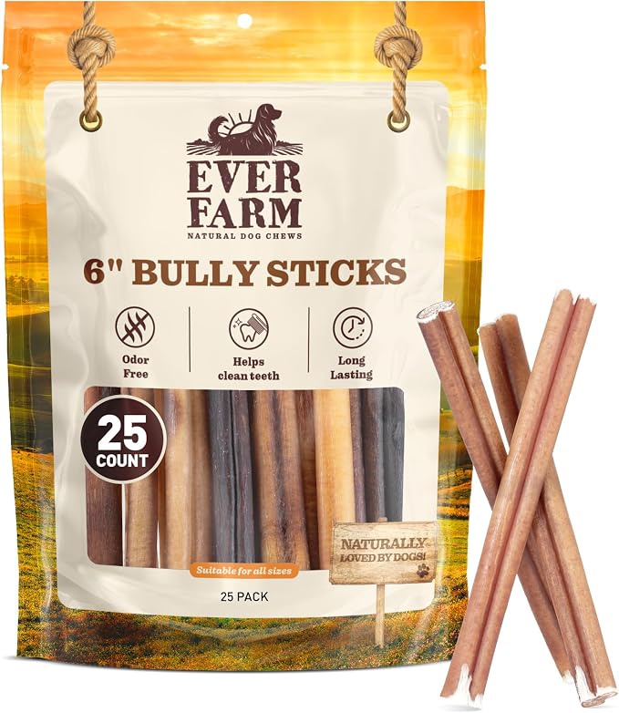 Odor-Free Standard Bully Sticks (6", 25 Pack) – 100% Grass-Fed Beef Pizzle Dog Chews, Fully Digestible & Long-Lasting Dental Treats