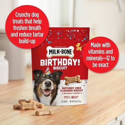 Milk-Bone Celebrate Birthday Cake Artificially Flavored Biscuits, Small Dog Treats, 8 oz. Bag (Pack of 2)