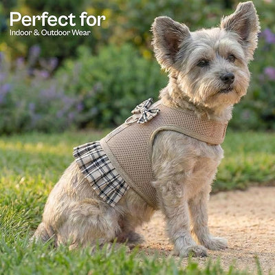 Parisian Pet Plaid Khaki Dog Harness Dress - Breathable No Pull Puppy Dress with Leash Ring - 100% Mesh Fabric Harnesses for Dogs - Soft Padded Step in Pet Vest - Dog Harness for Large Sized Dogs