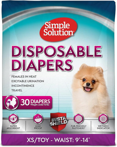 Simple Solution Female Dog Diapers – Disposable Leak-Proof Diapers for Potty Training, Incontinence, and Heat Cycle – Extra Small Fit for 9–14 Inch Waist – 30 Count (Pack of 12)
