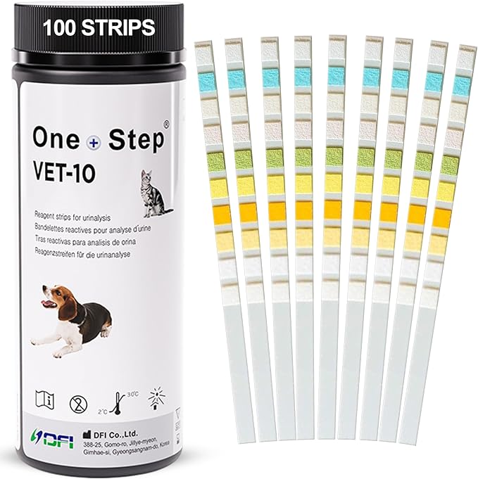 One Step Pet Urine Testing Strips, 100 x 10 Parameter Urinalysis Tests for Dogs, Cats, Vets, Accurate Testing for Veterinarians, Detects UTI, Diabetes, Bladder, Kidney, Liver, SG, pH, Glucose