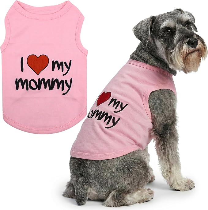 Parisian Pet Dog Shirt for Mother's Day - 100% Cotton Shirts for Large Dogs - Pink Sleeveless Girl Pet Clothes - Lightweight Pet Tshirts - Breathable Puppy Clothes - Stretchy I Love My Mommy Dog Shirt