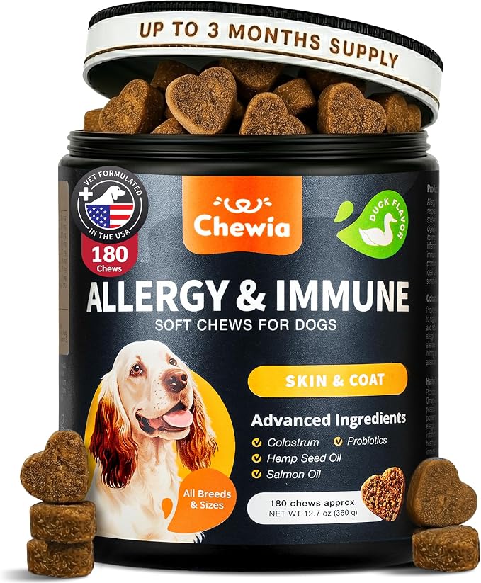 Dog Allergy Relief Chews - Itch Relief for Dogs - 180 Allergy Chews for Itching Skin with Probiotics, Colostrum, Salmon Oil - Allergy, Skin and Coat, Immune, Digestion Support Supplement - Hot Spots