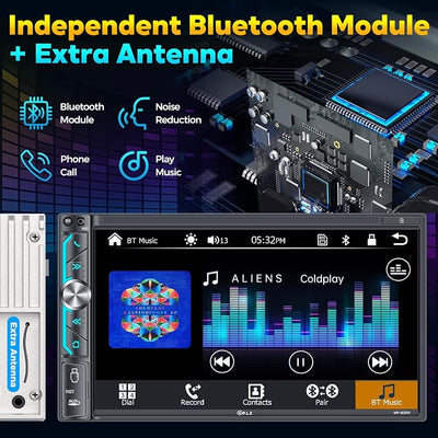 PLZ 7" Wireless Double Din Car Stereo Apple Carplay Radio Screen for Car Audio Receivers, Bluetooth 5.3 Car Play Android Auto Touchscreen, 240W 4.2 CHN 2 Subwoofers Outputs, Backup Camera, SWC, FM/AM