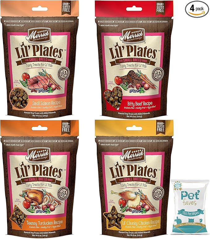 (4 Pack) Merrick Lil Plates Small Breed Natural Grain Free Dog Treats, 5 oz Pouch - Salom, Beef, Turducken, Chicken and 10ct Pet Wipes