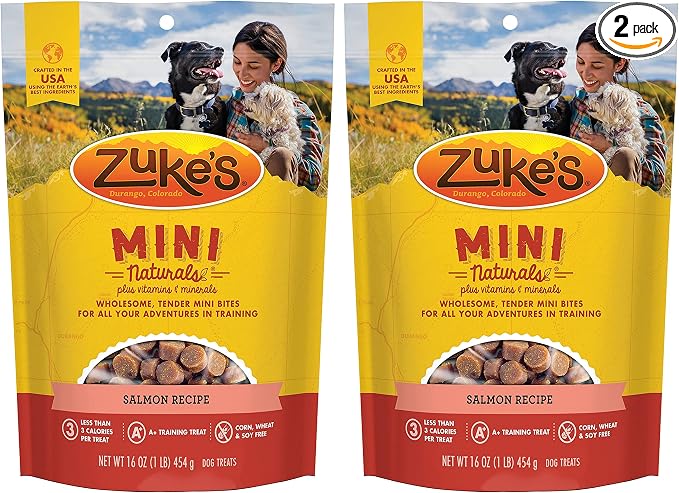 Zuke's Mini Naturals Dog Training Treats, Salmon Recipe, Soft Mini Dog Treats with Vitamins & Minerals, Made for All Breed Sizes (Salmon, 16 Ounce (Pack of 2)