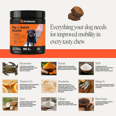 Hip + Joint Supplement for Dogs with Glucosamine Chondroitin - MSM, Turmeric & Collagen Soft Chews - Joint Function, Stiffness, and Mobility Support, May Reduce Occasional Discomfort (Bacon, 90 Ct)