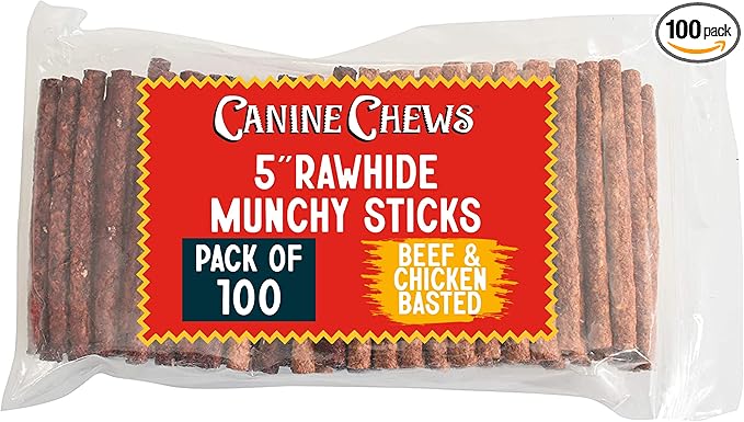 Canine Chews 5" Munchy Rawhide Sticks for Small Dogs Munchy Dog Treat Sticks 100 Pack (Beef & Chicken)