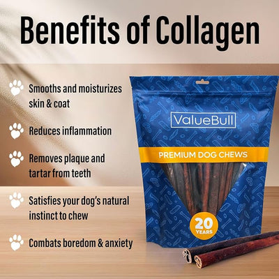 ValueBull Collagen Sticks for Dogs, 12 Inch Medium Chews, Natural Long-Lasting Dog Treats, 10 Count - Supports Joints, Skin & Coat with Chondroitin & Glucosamine