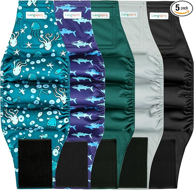 Langsprit Small Male Dog Diapers for Doggie Puppy,Reusable Belly Bands for Male Dogs Wraps,Washable Doggy Dog Diapers Medium Large in Incontinence 5 Pack (Brown, Green, Grey, Medium)