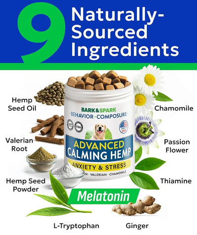 BARK&SPARK Advanced Calming Chews for Dogs - Hemp Chew + Melatonin - Anxiety Relief - Sleep Aid - Relaxing Treats - Stress Relief During Fireworks, Storms, Thunder, Barking