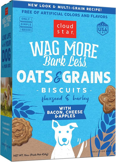 Cloud Star Wag More Bark Less - Dog Treats - Crunchy Biscuits - Oats & Grains Bacon, Cheese & Apples - 16 oz Box