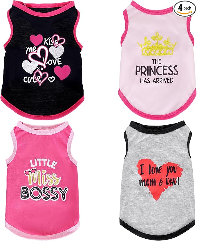 Pistha 4 Pack Dog Shirts Summer Printed Puppy Clothes Cute Sleeveless Pet T Shirts Dog Clothes for Small Medium Dogs Cats Girl(XS)