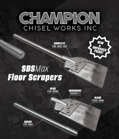 6" Wide SDS-MAX Floor Scraper System with SURE-LOCK Fasteners/Remove Ceramic Tile, Vinyl Floor, Thinset, Carpet Adhesive, VCT, Epoxy/Mechanical Locknut to Keep Hardware Tight - Champion Chisel