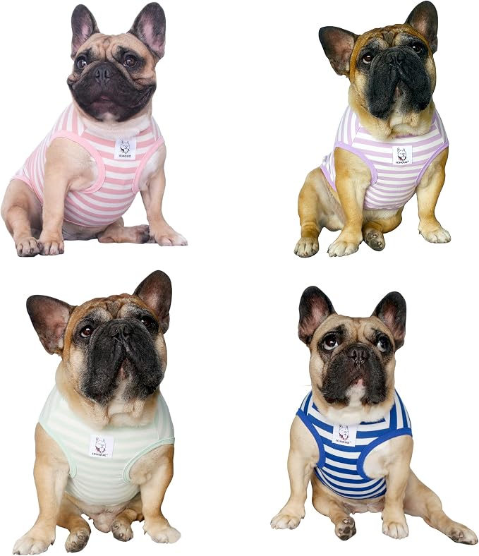 iChoue 4pcs French Bulldog Striped Shirts 100% Breathable Cotton Tank Tops Vests Clothes for Frenchie Dogs, Pink Purple Green Blue, Large