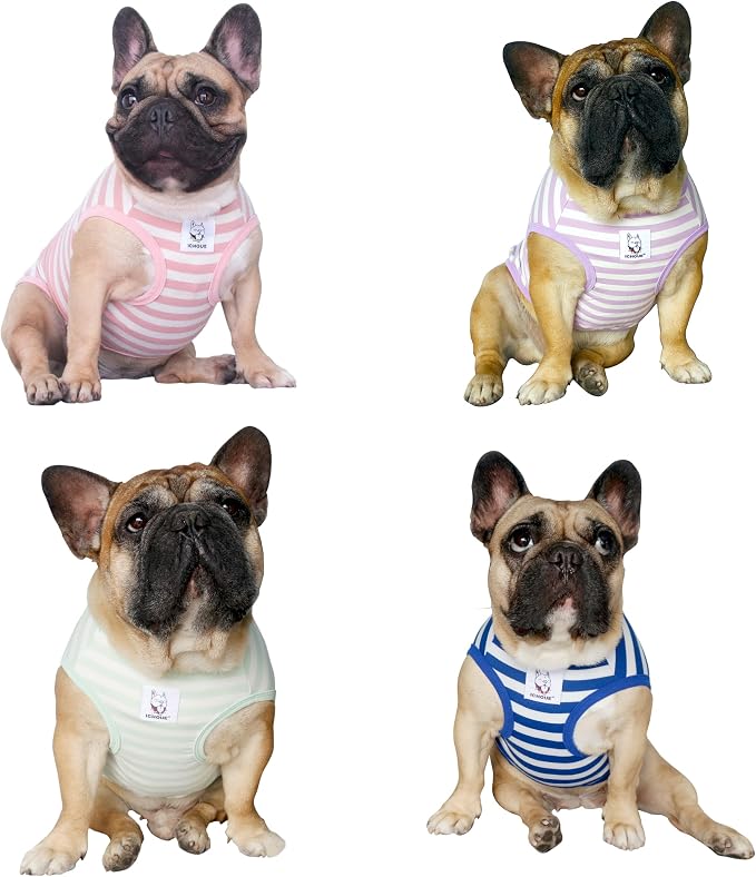 iChoue 4pcs French Bulldog Striped Shirts 100% Breathable Cotton Tank Tops Vests Clothes for Frenchie Dogs, Pink Purple Green Blue, Medium