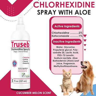 Truseb Medicated Chlorhexidine for Dogs Cats Horses Skin Spray with Aloe Vera - Medicated Ketoconazole Spray for Skin Irritation, Hot Spots, Redness Relief (8 oz)
