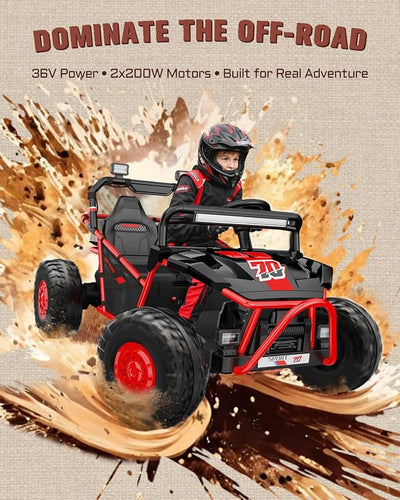 First Ride On 36V Kids Ride On UTV, 2-Seater 400W Electric Car for Kids 6+, 5-8 MPH Speed, 14" EVA Wheels, Metal Frame, Bluetooth Music, Rear Metal Suspension Off-Road Vehicle (Red)