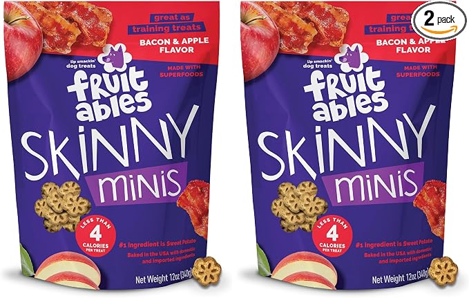 Fruitables Skinny Mini Dog Treats, Healthy Sweet Potato Treat for Dogs, Low Calorie & Delicious, Puppy Training, No Wheat, Corn or Soy, Made in the USA, Bacon and Apple Flavor, 12oz (Pack of 2)