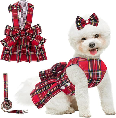 Coppthinktu Plaid Dog Dresses for Small Dogs Girl Bowknot Harness Leash Set, Cute Small Dog Dress Harness Cat Clothes Female with Pearl Bow Hair Clip, Summer Puppy Dress Yorkies Chihuahua Outfits