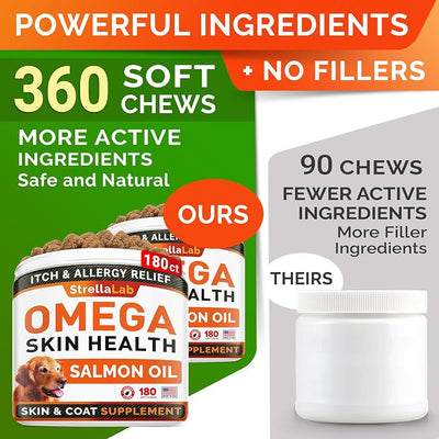StrellaLab Omega 3 for Dogs - (360Ct) Fish Oil Treats - Allergy & Itch Relief Skin & Coat Supplement - Dry Itchy Skin, Anti Shedding & Hot Spots Treatment - Pet Salmon Oil Chews - Chicken Flavor