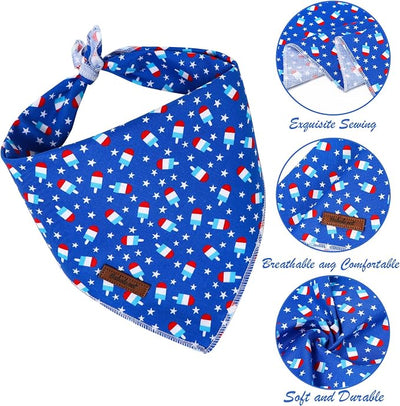 4th of July Dog Bandanas Boy Girl Summer Popsicle Star Cotton Washable Dog Scarf Adjustable Pet Bib Scarves for Small Medium Large Dogs S