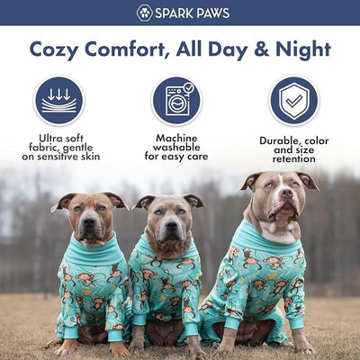 Spark Paws Dog Pajama, Dog Recovery Suit Male, Onesie, Ultra-Soft and 4-Way Stretch, for Small Medium and Large Breeds - Monkey Business - 2XL