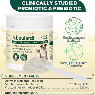 S.boulardii + FOS Pet Probiotic Powder for Dogs and Cats, 6.7 Billion CFU, Gut & Immune Support, Loose Stool & Digestive Upset Relief, Improves Stool Consistency, Skin Health, Veterinarian Recommended