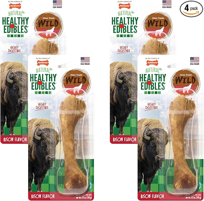 Nylabone Healthy Edibles Wild Natural Long-Lasting Bison Flavor Bone Chew Treats for Dogs, Large (1 Count) (Pack of 4)