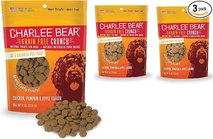 Charlee Bear Crunchy Dog Training Treats, Low Calorie (3 Kcal), Grain Free Natural Mini Treats for Puppies, Small, Medium & Large Dogs, USA Made, Healthy Chicken, Pumpkin & Apple Flavor 8oz (3-Pack)