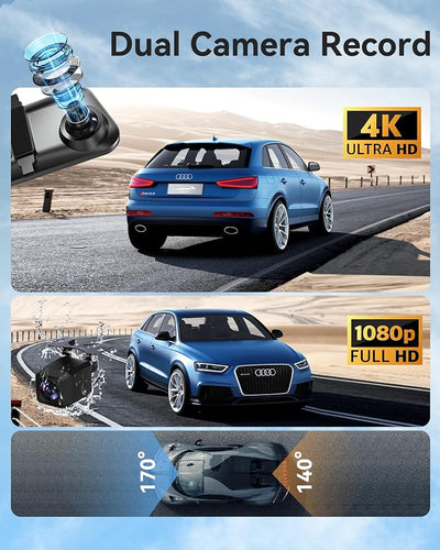 4K Rear View Mirror Camera with Carplay&Android Auto,12" Mirror Dash Cam Front and Rear with Voice Control for Cars&Trucks,Smart Touch Screen,64GB Card Included/Loop Record/Reverse Assist