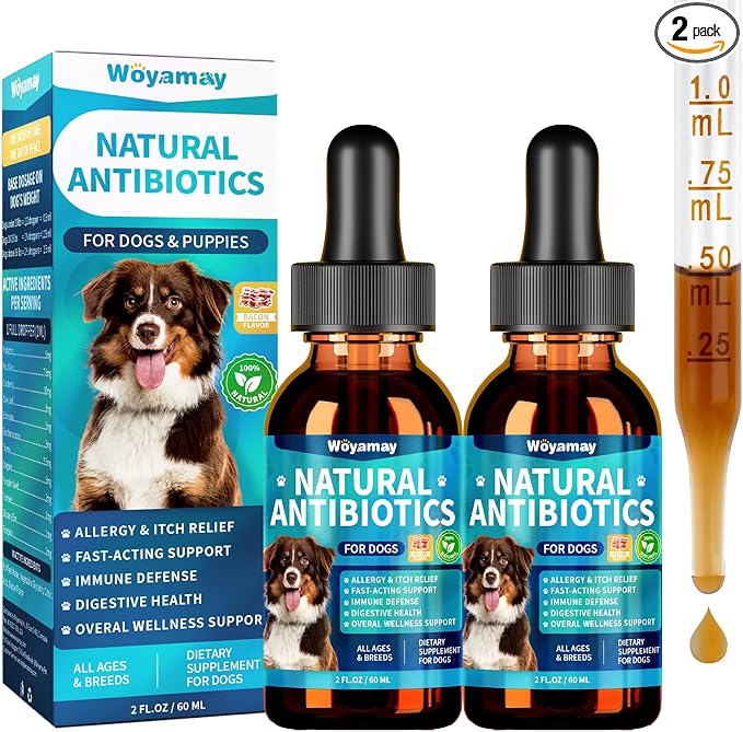 Woyamay Antibiotics for Dogs | Natural Dog Antibiotics for Allergy Relief, Itch Relief, Coughs, Skin Health, Breath Treatment, Digestion | Herbal Supplement to Care for Ears, Eyes & Coat, 4 Fl Oz