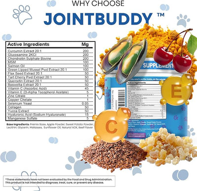 JointBuddy Glucosamine Chondroitin Joint Supplement for Dogs Salmon Oil MSM Tart Cherry Omega 3 6 9 Fish Oil Hyaluronic Acid Supplements & Collagen for Dogs 60 Chews Beef Flavor by Clean Nutra Pets